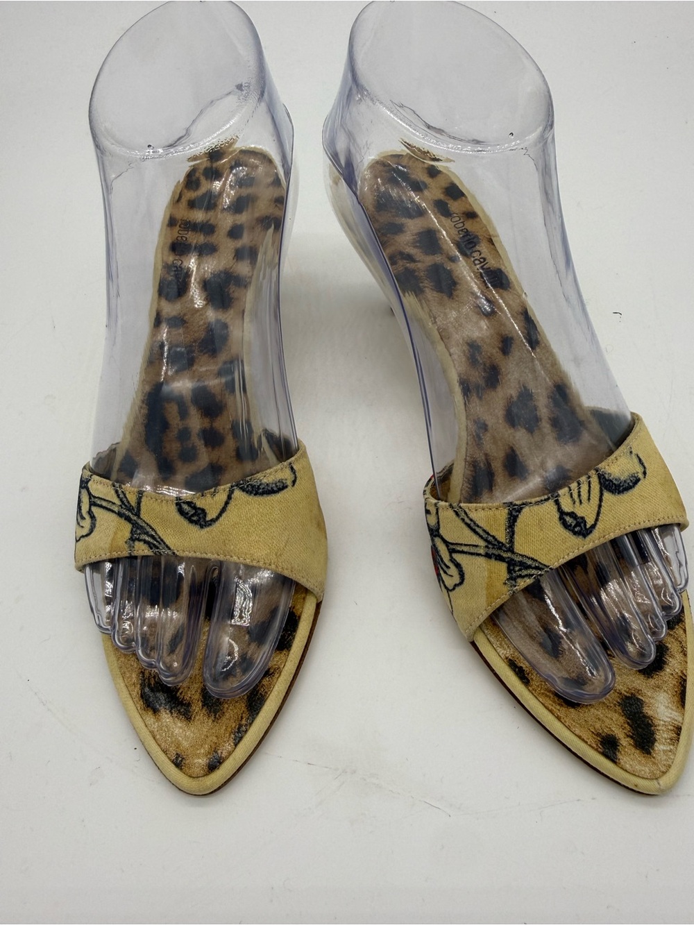 Roberto Cavalli Yellow Floral-Trim Pointed Toe Slide Heels